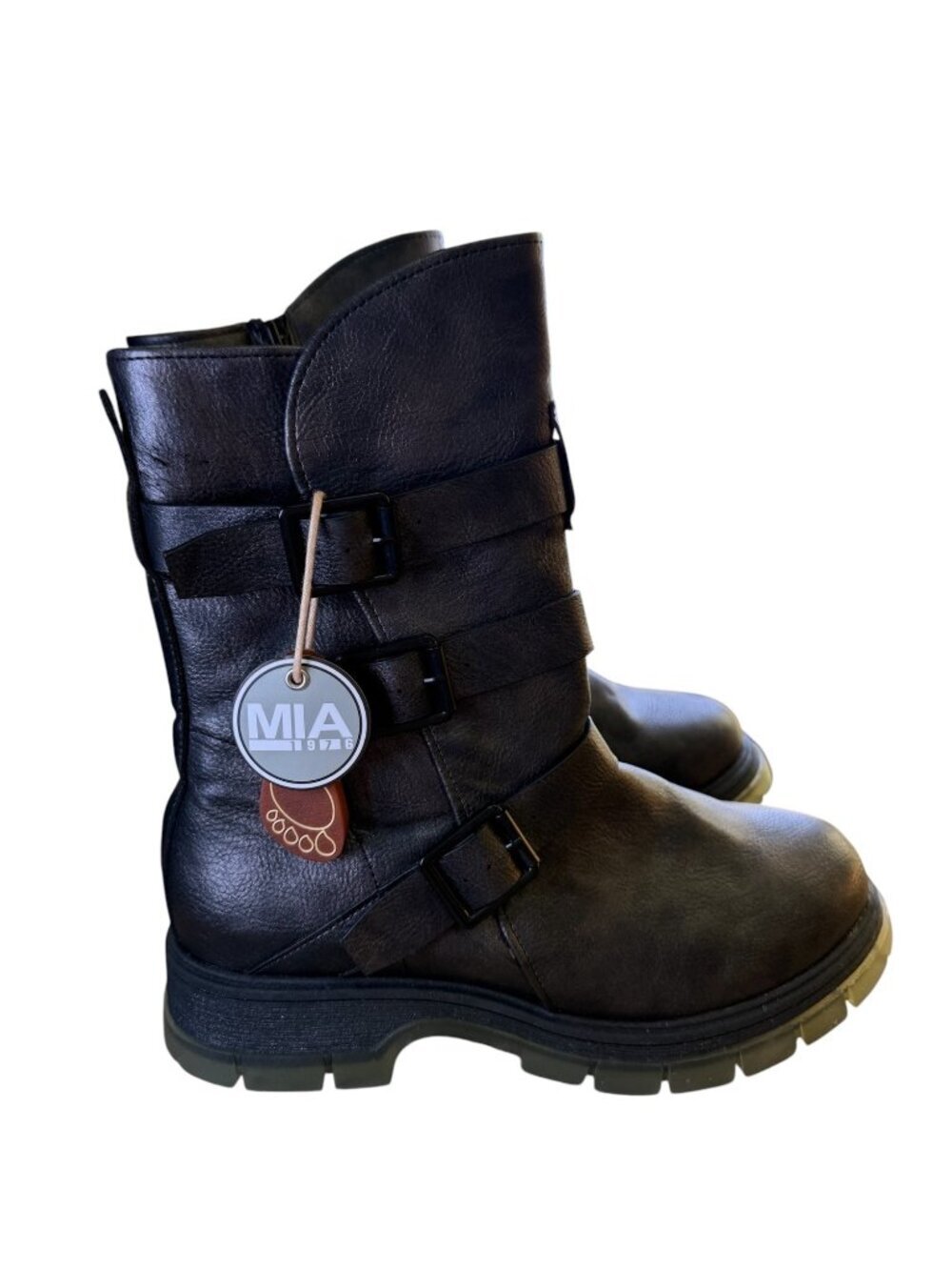 MIA Womens Black Faux Leather Combat Boots With Buckle Straps & Side Zipper 7M